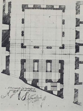 José de Villarreal. Planta del patio y escalera de la Casa de la Villa. 1653. ASA. Foto: Catálogo Juan Gómez de Mora 1986.